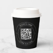 Ihr QR-Code und bearbeiteter Text | Schwarz/Weiß Pappbecher (Vorderseite)