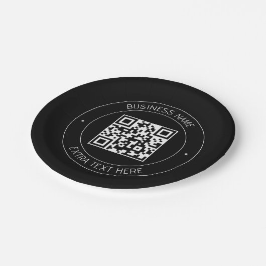 Ihr QR-Code und bearbeiteter Text | Schwarz/Weiß Pappteller (Schrägansicht)
