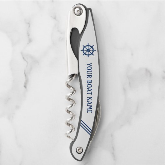 Ihr Schiffsname Rad Helm Blue White Stripe Kellnermesser (Vorderseite)