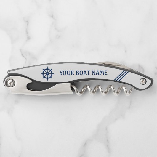 Ihr Schiffsname Rad Helm Blue White Stripe Kellnermesser (Vorderseite)