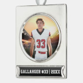 Ihr sportliches Foto | Personalisierte Verzierung Banner-Ornament Silber (Links)