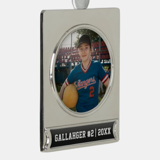 Ihr sportliches Foto | Personalisierte Verzierung Banner-Ornament Silber (Rechts)