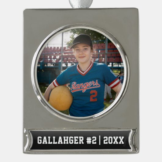 Ihr sportliches Foto | Personalisierte Verzierung Banner-Ornament Silber (Vorderseite)