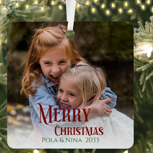 Ihr Text 2 Fotos Rote Typografie Einfache Keepake Ornament Aus Metall