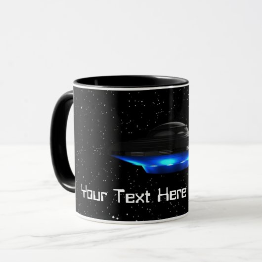 Ihr Text Cool Blue Alien Flying Saucer Space UFO Tasse (Vorderseite Links)