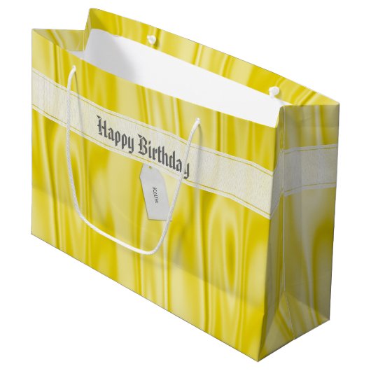 Ihr Text | Elegant Happy Birthday Yellow Satin Große Geschenktüte (Vorderseite Schrägansicht)