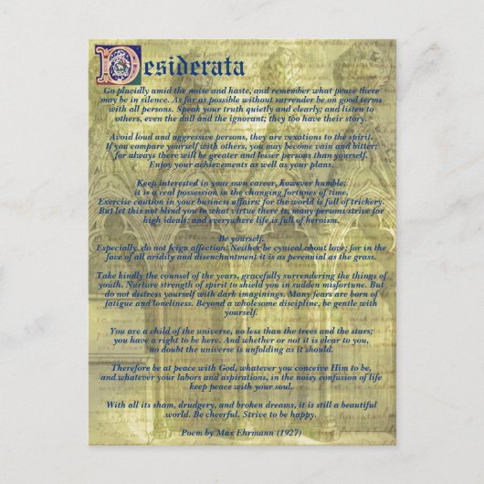 Ihr Text/Farbe Inspiration Gold Desiderata Gedicht Postkarte (Vorderseite)