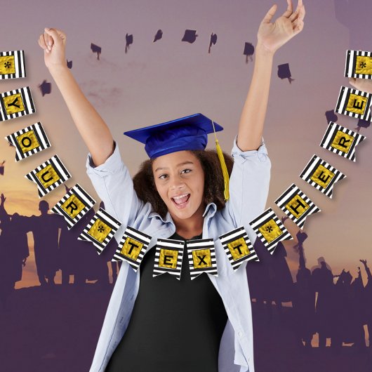 Ihr Text hier Gold, Schwarz und Weiß Streifen Wimpelkette