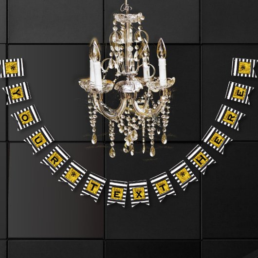 Ihr Text hier Gold, Schwarz und Weiß Streifen Wimpelkette