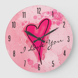 IHR TEXT Pink Wasserfarben Herz Große Wanduhr