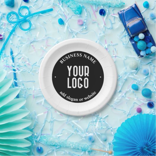 Ihr Text- und hochgeladenes Logo | Editierbar schw Pappteller (Party)