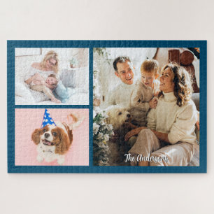 Ihre 3 Familienfotos & Skriptname auf Ozeanblau Puzzle
