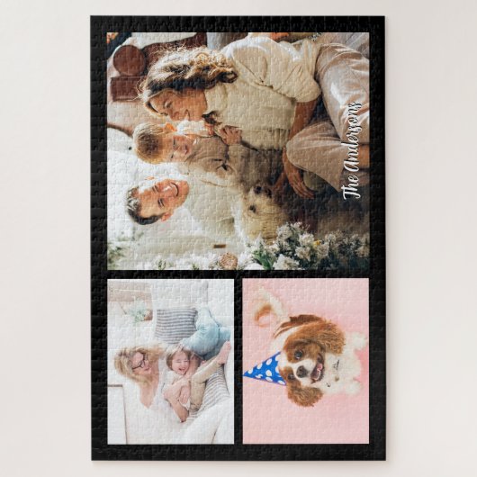 Ihre 3 Fotos und Skriptnamen in Schwarz Puzzle (Vertikal)