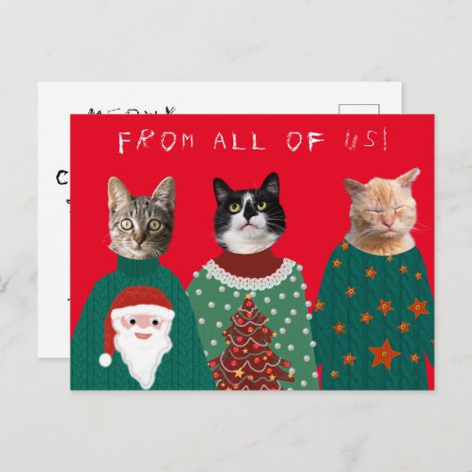 Ihre 3 Katzen in Ugly Christmas Sweaters Postcard Postkarte (Vorne/Hinten)