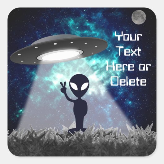 Ihre Alien Peace Sign UFO Planet Blue Galaxy Quadratischer Aufkleber (Vorderseite)
