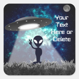 Ihre Alien Peace Sign UFO Planet Blue Galaxy Quadratischer Aufkleber