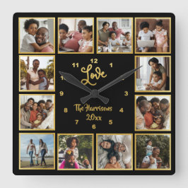 Ihre eigene 12 Foto Collage Liebe Gold Black Quadratische Wanduhr