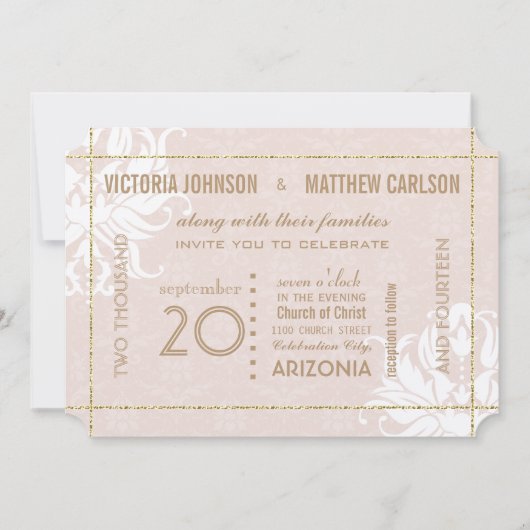 Ihre Foto Gold Rose Damask Blumenhochzeit Einladung (Vorderseite)