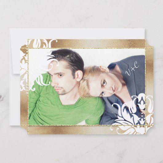 Ihre Foto Gold Rose Damask Blumenhochzeit Einladung (Rückseite)