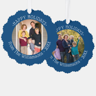 Ihre Fotos und Name Blue Border Holiday Ornament Karte