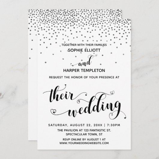 Ihre Hochzeit Herz Skript Silver Confetti Einladung (Vorne/Hinten)