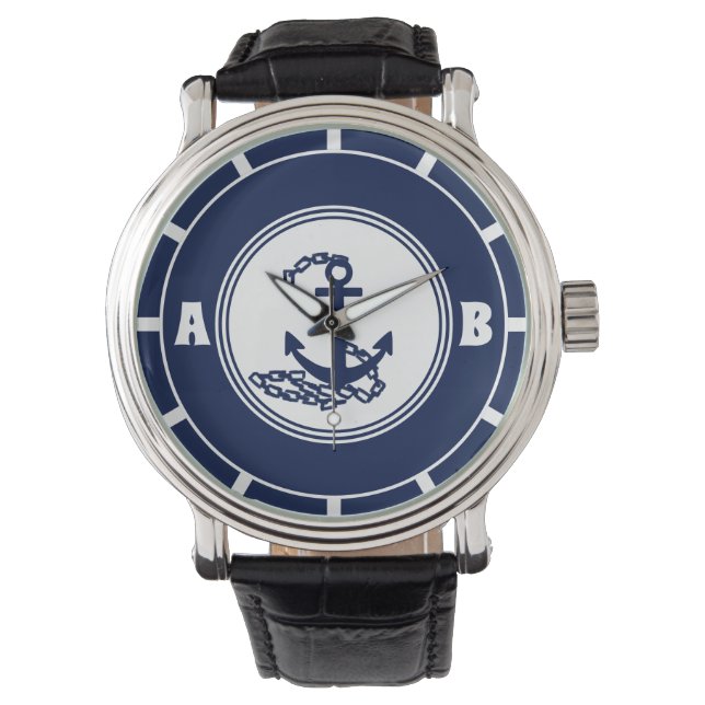 Ihre Initialen, Nautical Blue Anchor Sailor Stil Armbanduhr (Vorderseite)