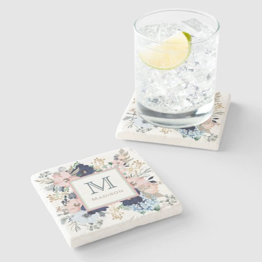 Ihre Lieblings-Blau-Rose-Monogramm Steinuntersetzer (Seitenansicht)