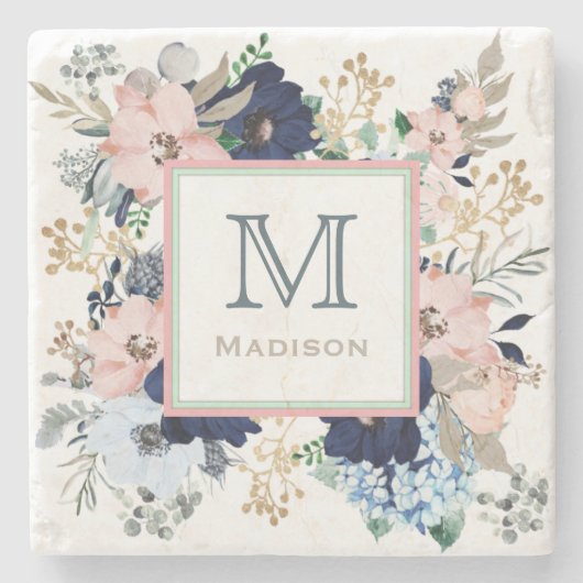 Ihre Lieblings-Blau-Rose-Monogramm Steinuntersetzer (Vorderseite)