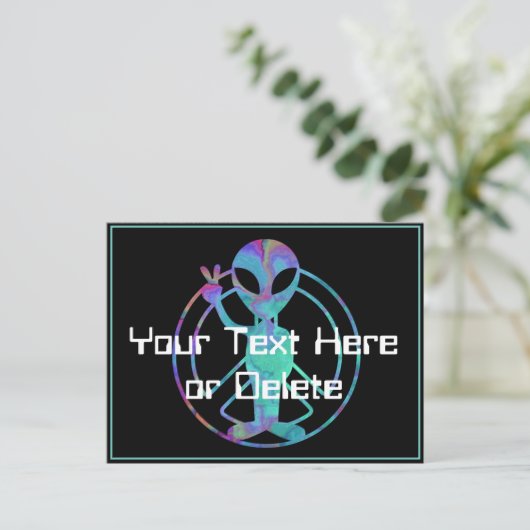 Ihre Text Blue Gefärbte Krawatte Alien Peace Sign Postkarte (Stehend Vorderseite)