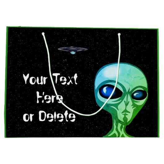 Ihre Text & Farbe Cool grüne Alien Silver UFO Große Geschenktüte (Rückseite)