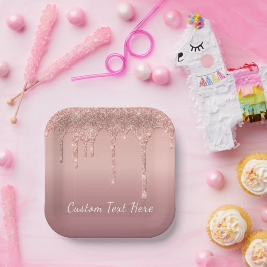 Ihre Text-Rose Gold-Blush-Glitzer Sparkeln-Tropfen Pappteller (Party)
