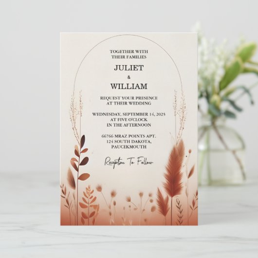 Ihre Wüste rustikale Boho Autumn Ombre Braun Hochz Einladung (Stehend Vorderseite)