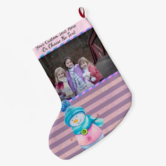 IhrPic/Text Lila Rosa Rose Gold Streifen Schneeman Großer Weihnachtsstrumpf (Rückseite (Hängend))