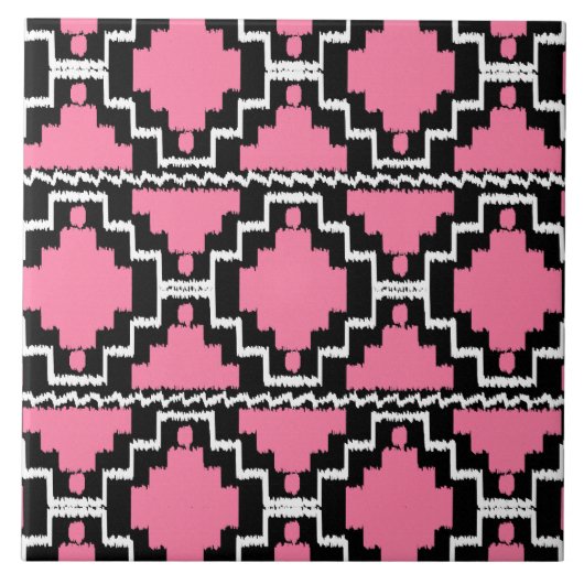 Ikat Aztec Muster - Fuchsienrosa, Schwarz und Weiß Fliese (Vorderseite)