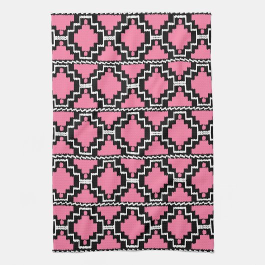 Ikat Aztec Muster - Fuchsienrosa, Schwarz und Weiß Geschirrtuch (Vertikal)