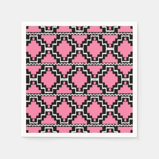 Ikat Aztec Muster - Fuchsienrosa, Schwarz und Weiß Serviette (Vorderseite)