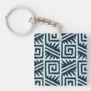 Ikat Aztec-Muster - Indigo und Hellblau Schlüsselanhänger
