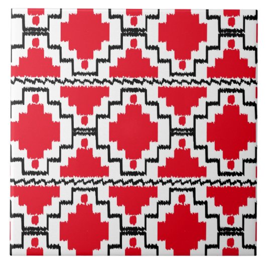 Ikat Aztec Muster - Rot, Schwarz und Weiß Fliese (Vorderseite)