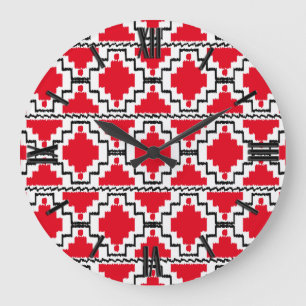 Ikat Aztec Muster - rot, schwarz und weiß Große Wanduhr