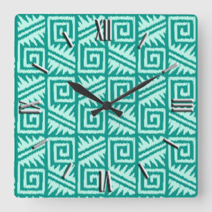 Ikat Aztec-Muster - Türkis und Aquamarin Quadratische Wanduhr