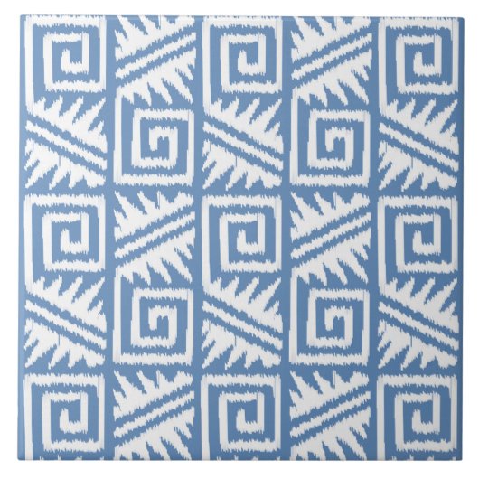 Ikat aztekisches Muster - Himmel-Blau und Weiß Fliese (Vorderseite)