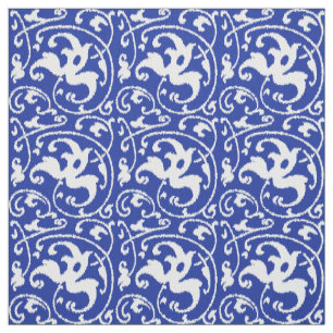 Ikat Blumendamast - Kobalt-Blau und Weiß Stoff