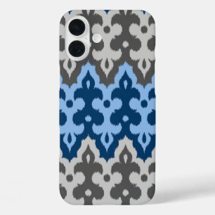 Ikat Damask (Marokko), blau und grau/grau iPhone 16 Plus Hülle