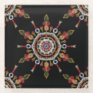 Ikat Damask Red Green Vintag Glasuntersetzer