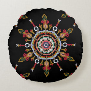 Ikat Damask Red Green Vintag Rundes Kissen