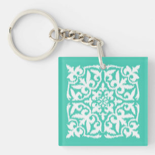 Ikat-Damaskus-Muster - Pfauenblau und Weiß Schlüsselanhänger