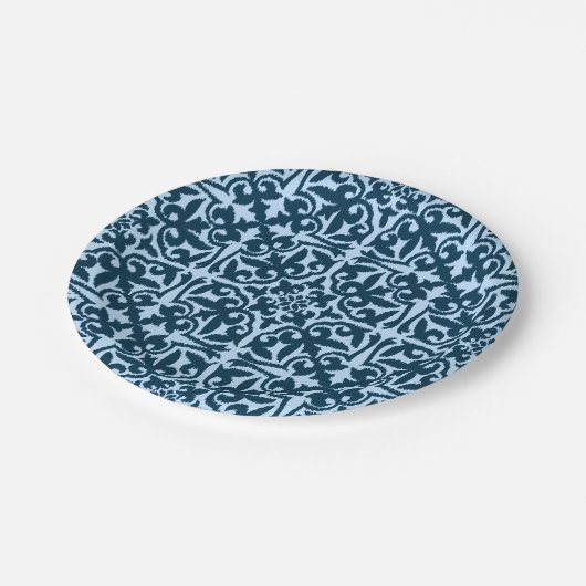 Ikat-Damasmuster - Dunkle Indizierung und hellblau Pappteller (Schrägansicht)