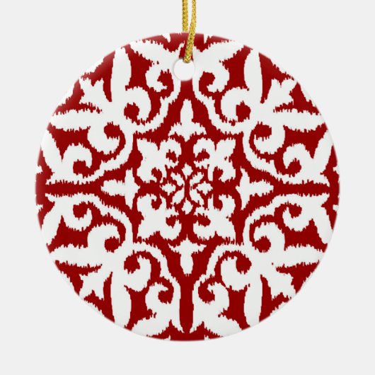 Ikat-Damast-Muster - Dunkelrot und Weiß Keramikornament (Vorne)