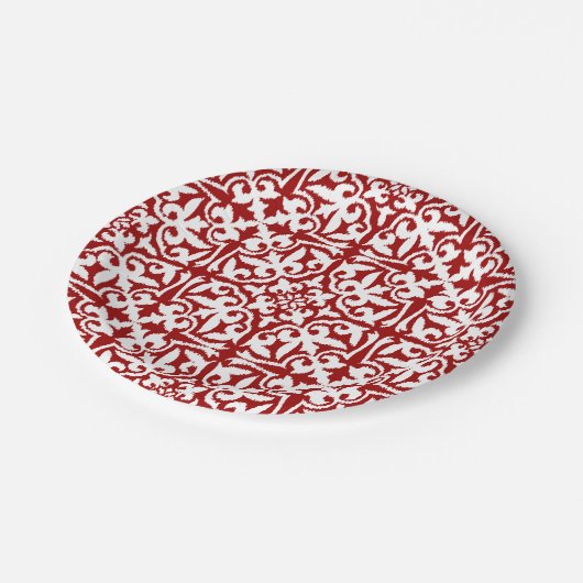 Ikat-Damast-Muster - Dunkelrot und Weiß Pappteller (Schrägansicht)