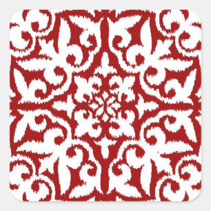 Ikat-Damast-Muster - Dunkelrot und Weiß Quadratischer Aufkleber